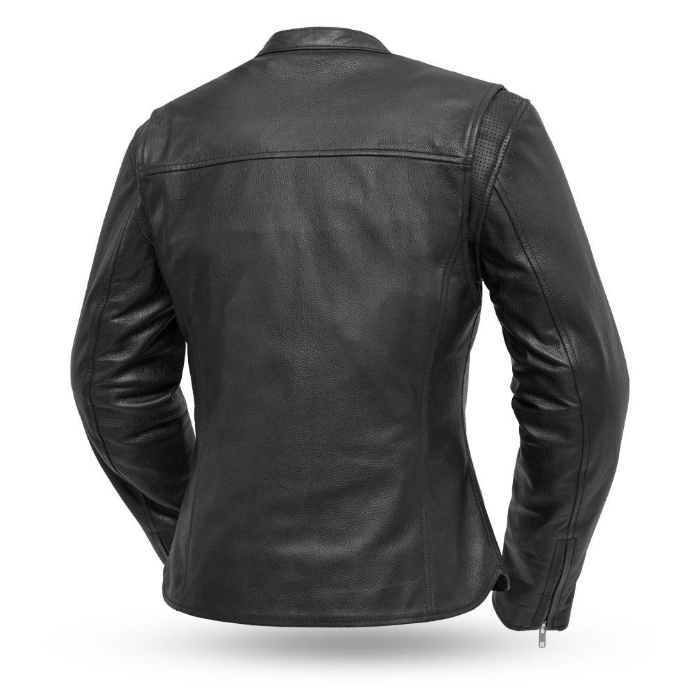 Roxy lightweight cafe style leather jacket in black, featuring a banded collar, zippered pockets, and stylish design.