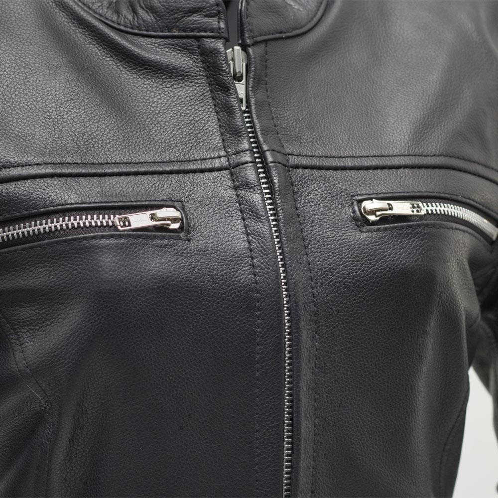 Roxy lightweight cafe style leather jacket in black, featuring a banded collar, zippered pockets, and stylish design.