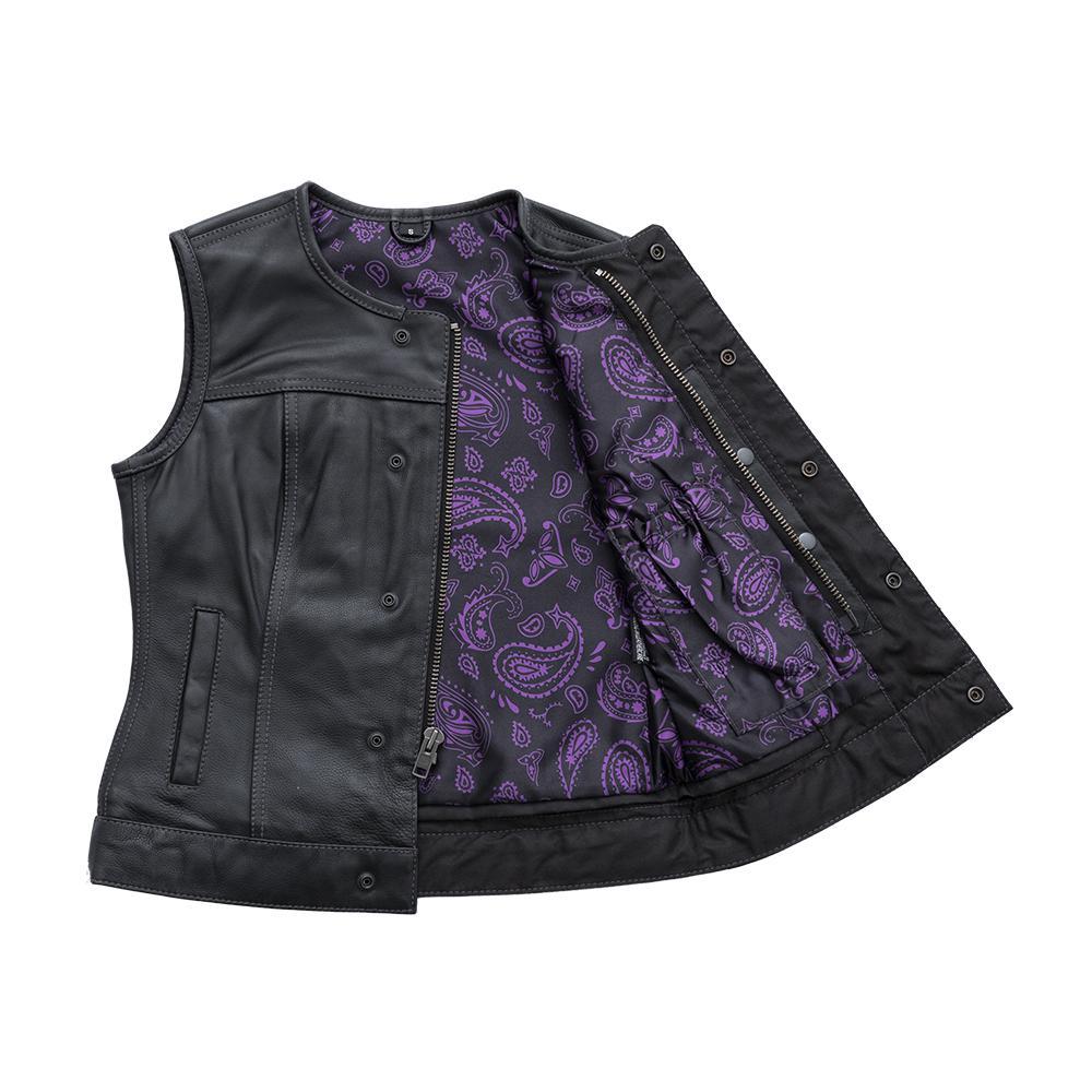 Royal Women's Club Style Motorcycle Leather Vest in black leather with purple stitching and paisley inner lining.