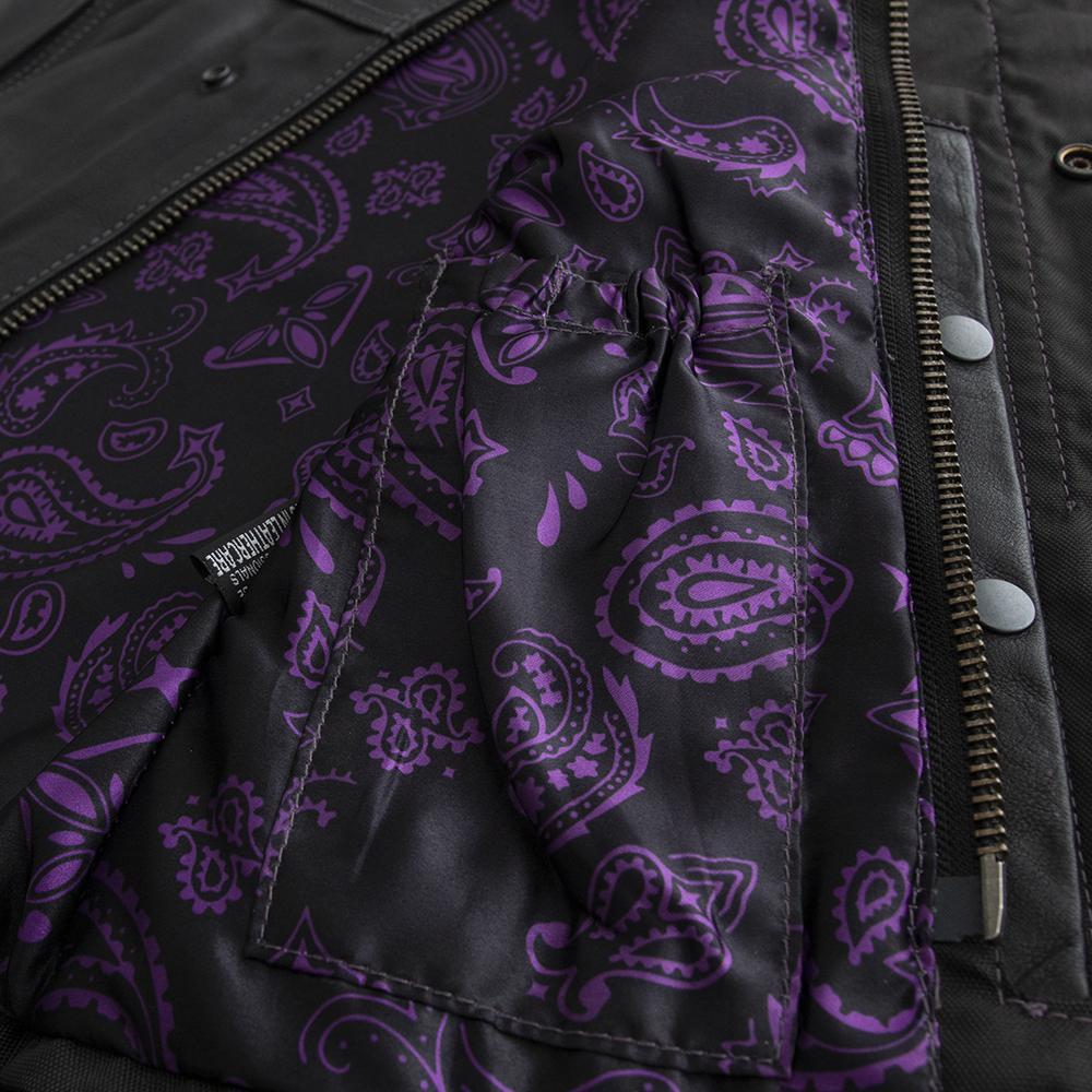 Royal Women's Club Style Motorcycle Leather Vest in black leather with purple stitching and paisley inner lining.