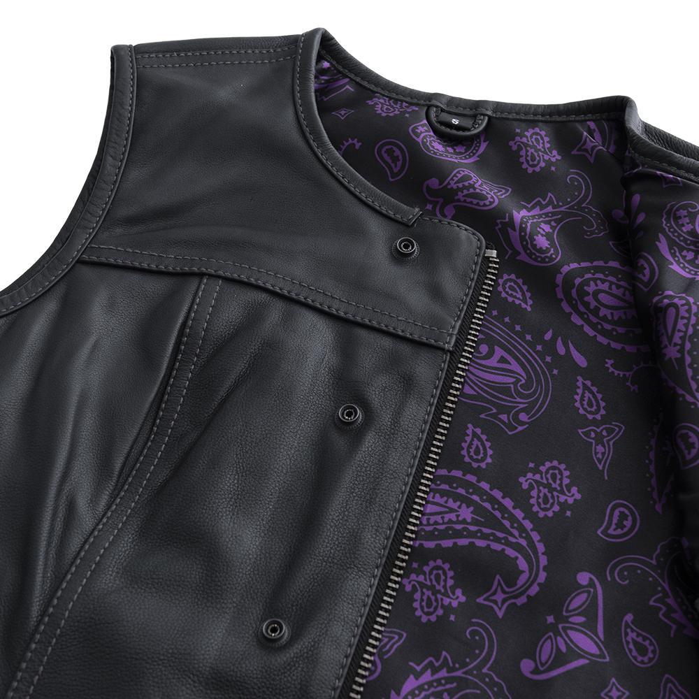 Royal Women's Club Style Motorcycle Leather Vest in black leather with purple stitching and paisley inner lining.