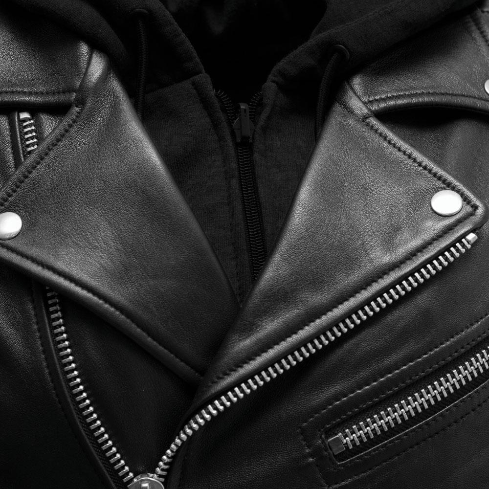 Ryman-FS motorcycle jacket featuring a snap-down lapel, asymmetrical zipper, and multiple pockets for storage.