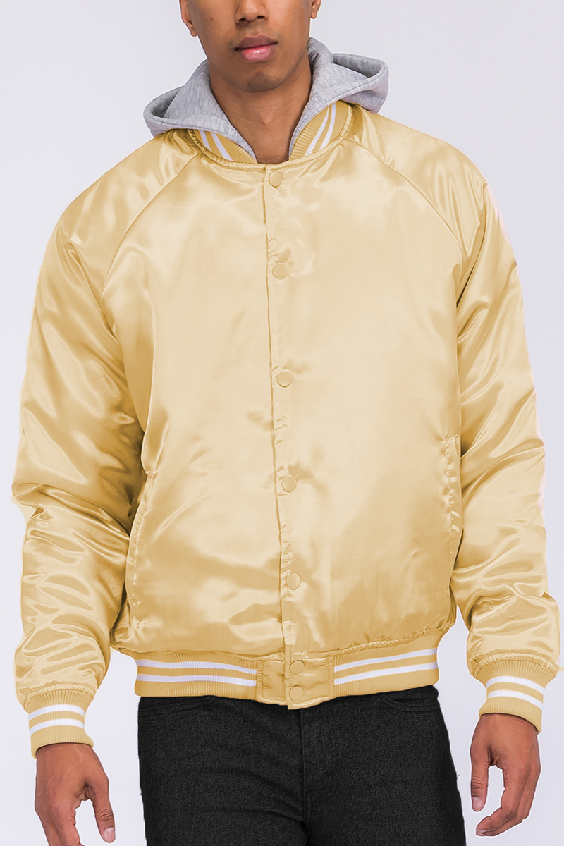 A stylish Satin Hooded Varsity Jacket featuring a sleek satin finish, snap button closure, and striped elastic waist, perfect for casual wear.