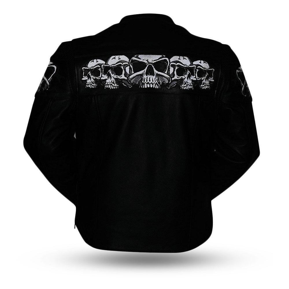 Savage Skulls Men's Motorcycle Leather Jacket featuring reflective skull design and multiple zippered pockets.