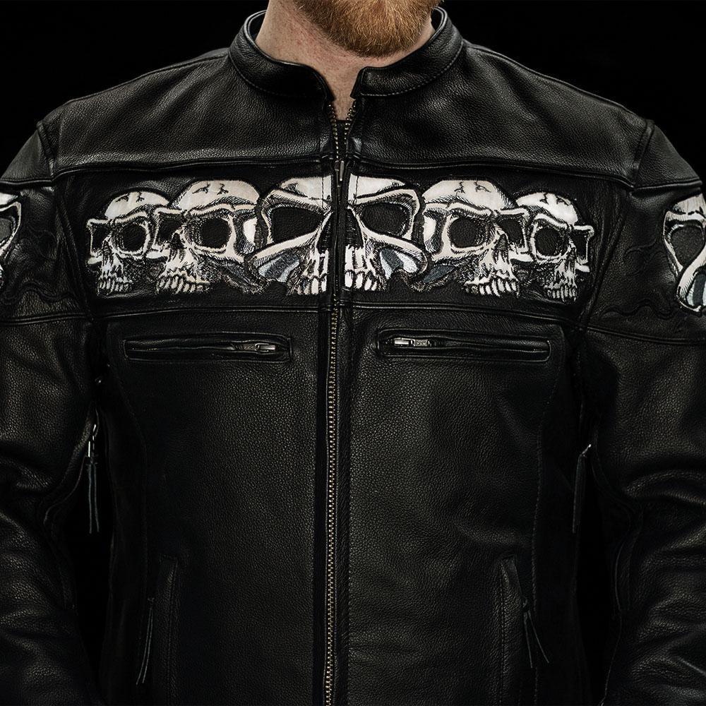 Savage Skulls Men's Motorcycle Leather Jacket featuring reflective skull design and multiple zippered pockets.