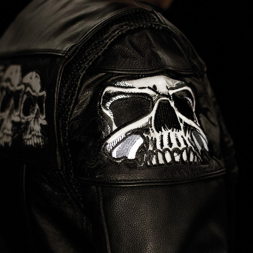 Savage Skulls Men's Motorcycle Leather Jacket featuring reflective skull design and multiple zippered pockets.