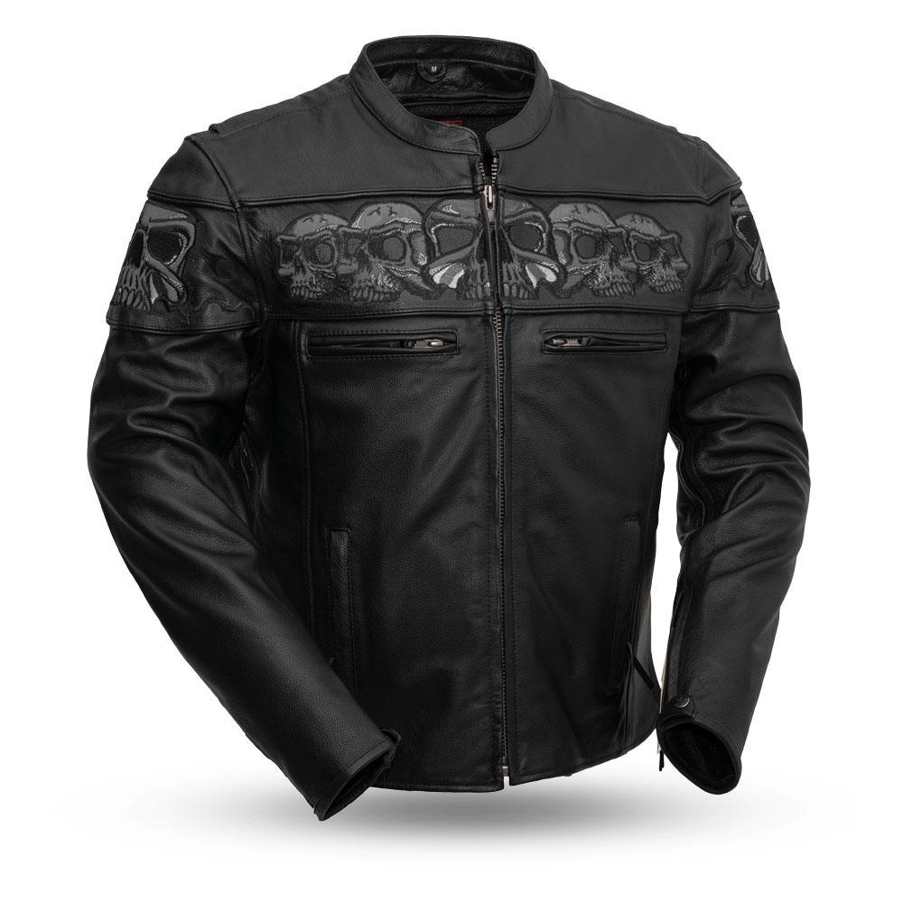 Savage Skulls Men's Motorcycle Leather Jacket featuring reflective skull design and multiple zippered pockets.