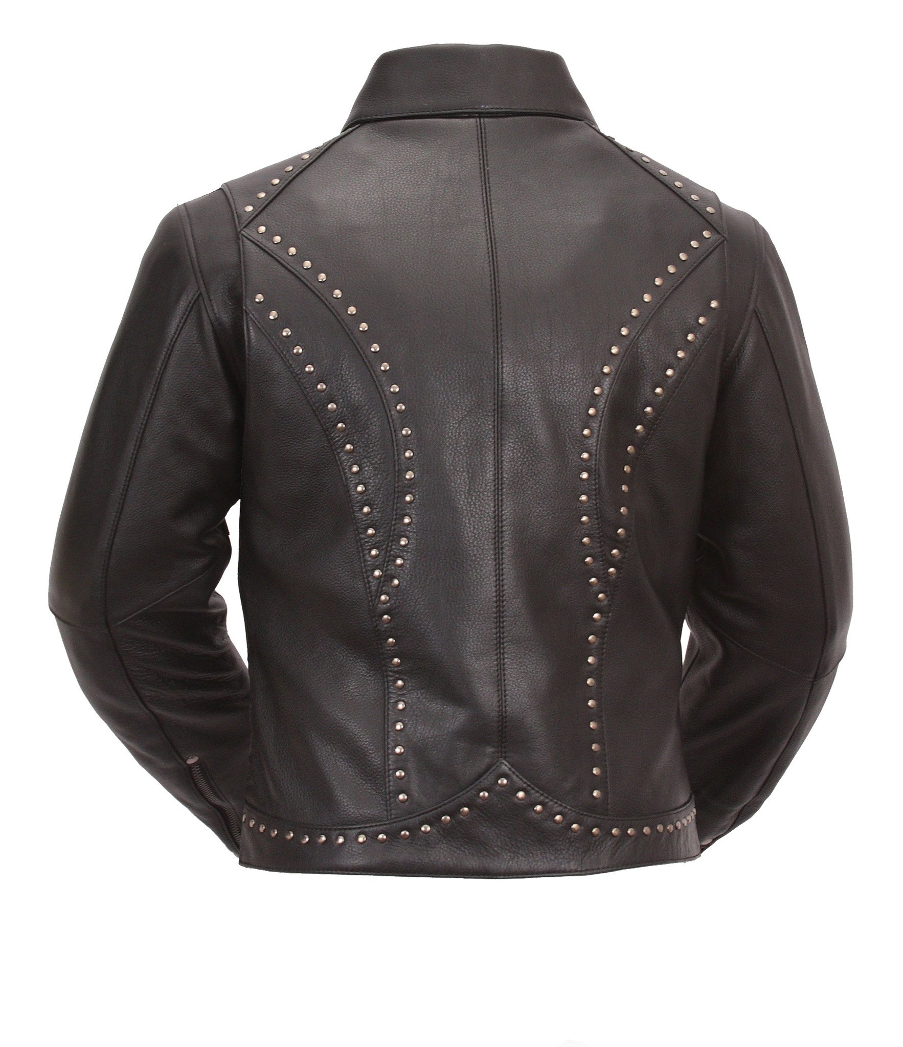 Scarlett Star Women's Motorcycle Leather Jacket featuring antique silver rivet detailing and adjustable collar.