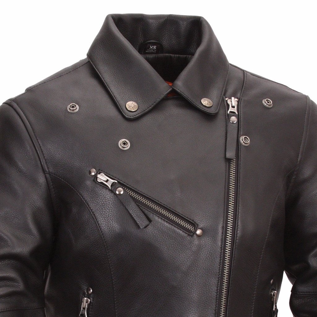 Scarlett Star Women's Motorcycle Leather Jacket featuring antique silver rivet detailing and adjustable collar.