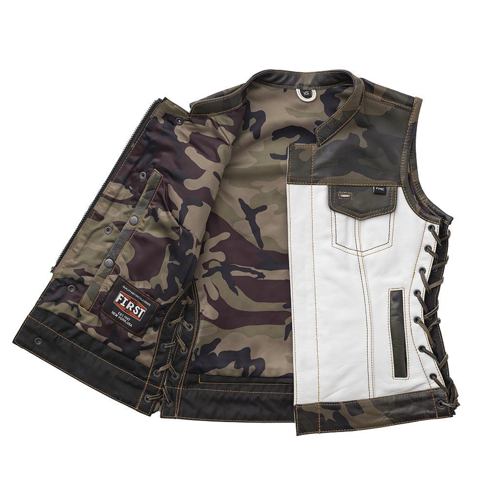 Scout Women's Club Style Motorcycle Leather Vest in black leather with woodland camo accents and white leather torso.