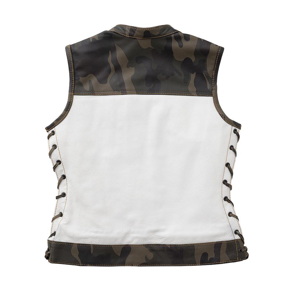 Scout Women's Club Style Motorcycle Leather Vest in black leather with woodland camo accents and white leather torso.