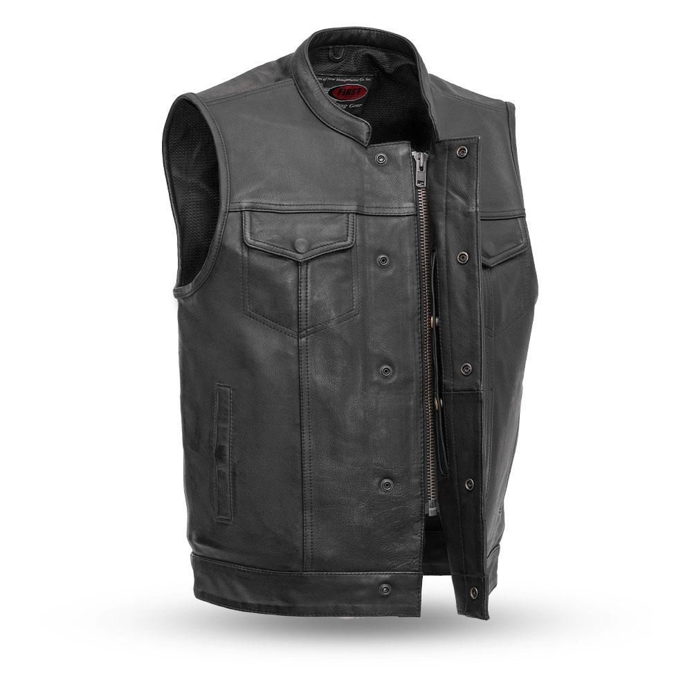 Sharp Shooter Men's Motorcycle Leather Vest made from premium cowhide, featuring concealed carry pockets and stylish design.