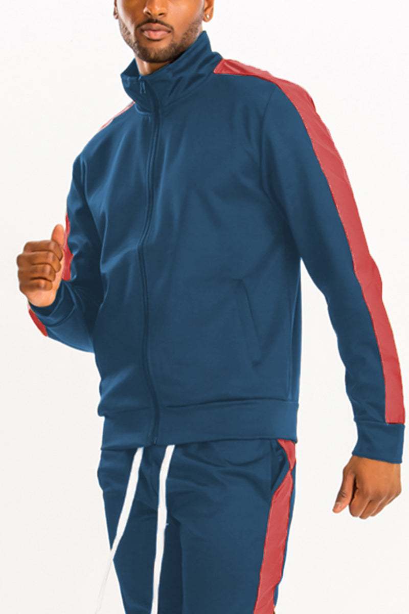 A stylish Single Stripe Track Jacket featuring a full zip, collared design, elastic waist, and standard pockets, perfect for active lifestyles.