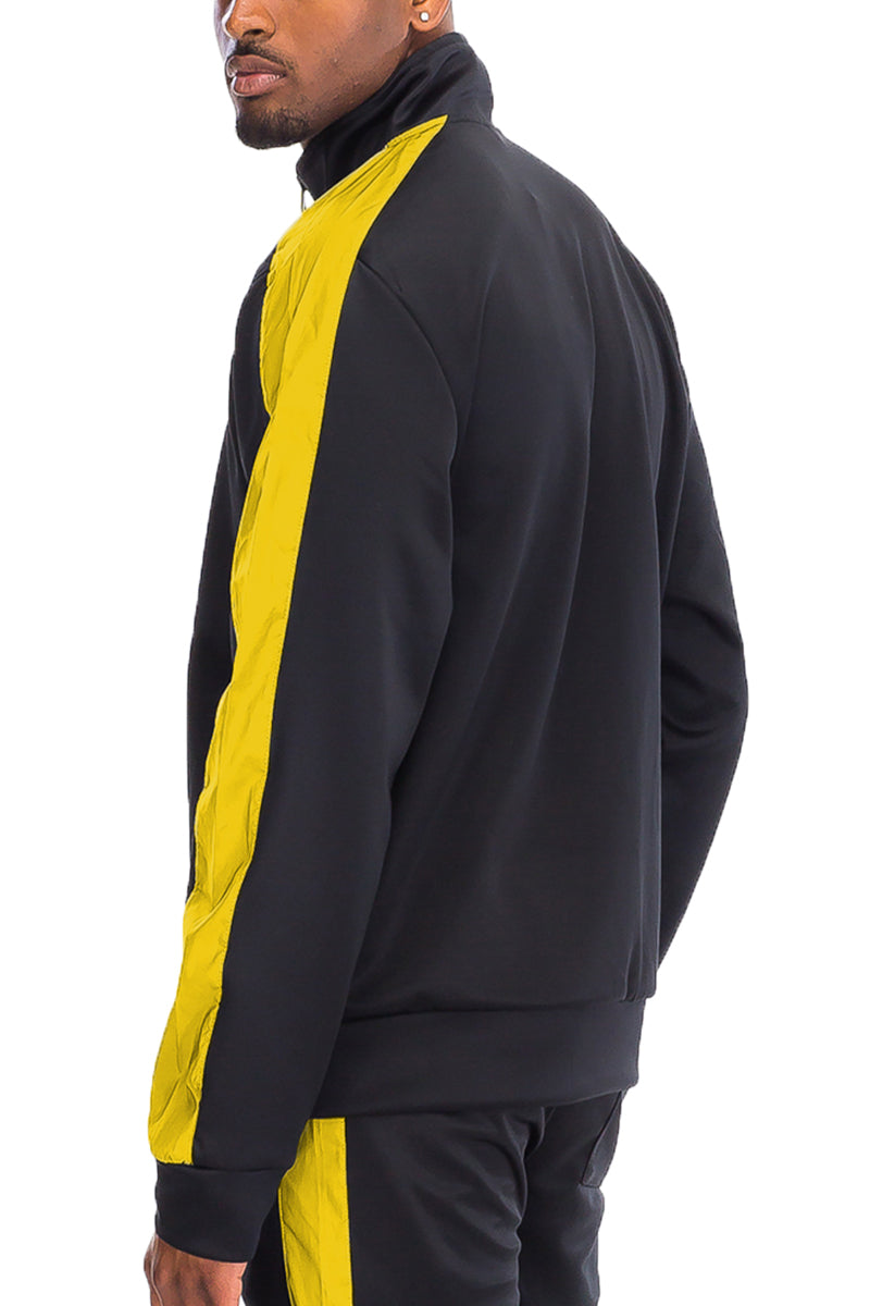 A stylish Single Stripe Track Jacket featuring a full zip, collared design, elastic waist, and standard pockets, perfect for active lifestyles.