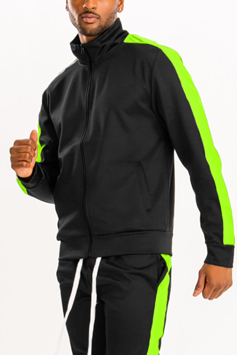 A stylish Single Stripe Track Jacket featuring a full zip, collared design, elastic waist, and standard pockets, perfect for active lifestyles.