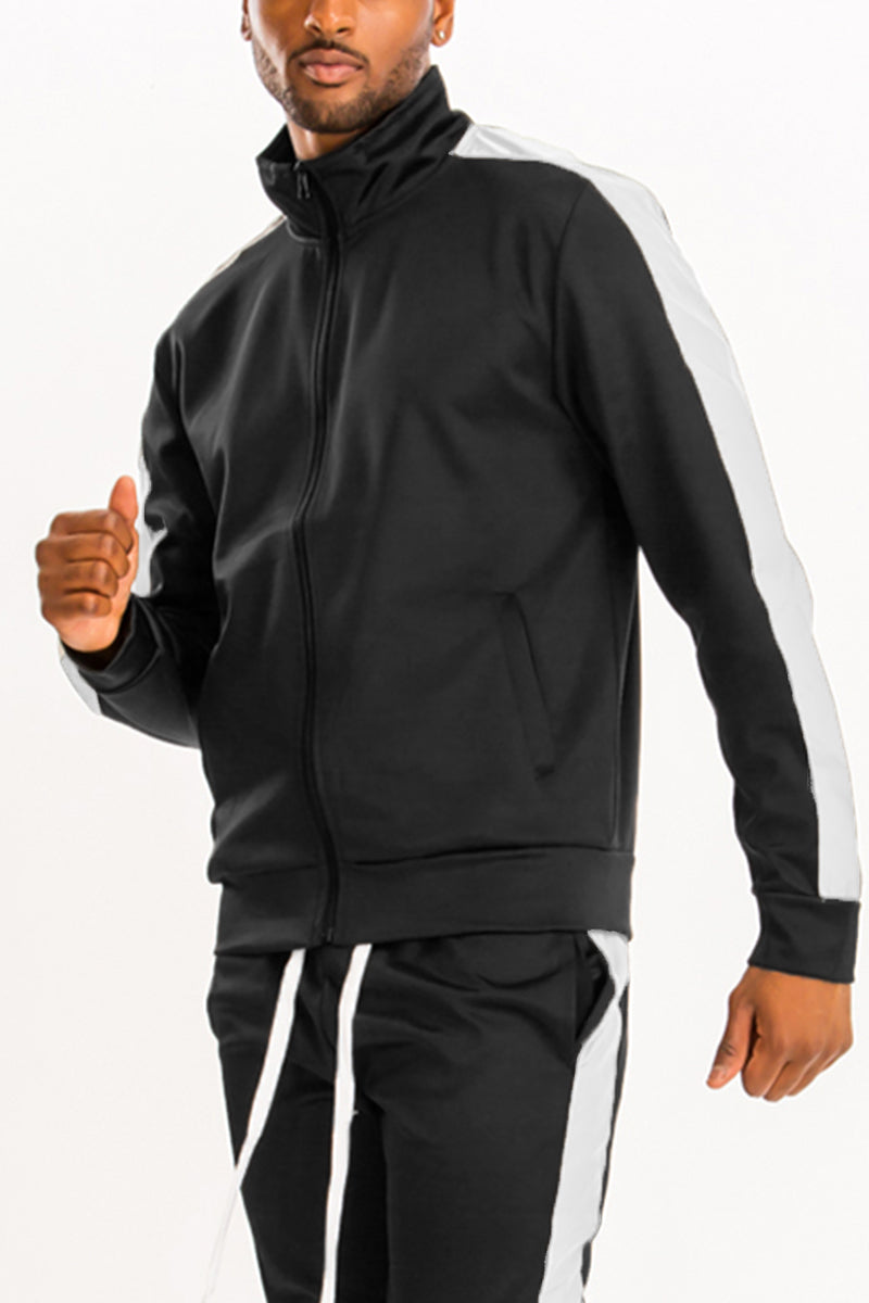 A stylish Single Stripe Track Jacket featuring a full zip, collared design, elastic waist, and standard pockets, perfect for active lifestyles.