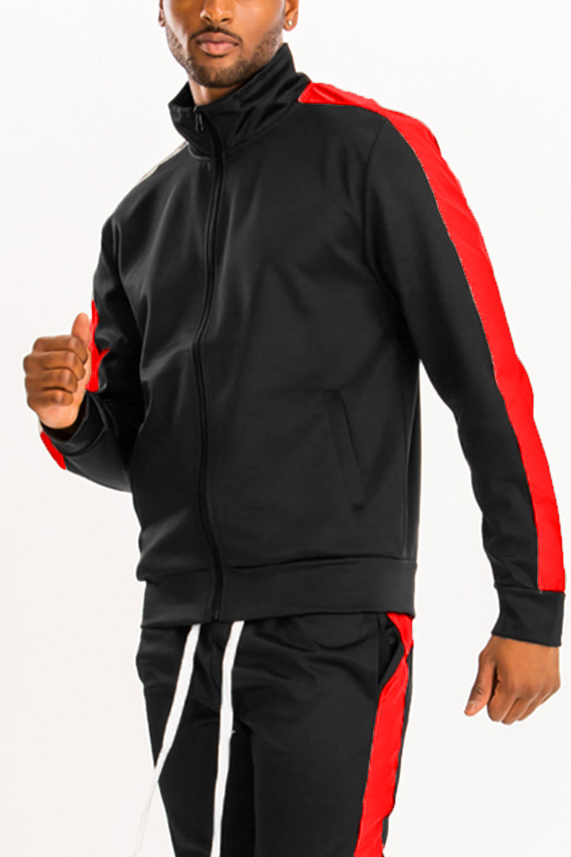 A stylish Single Stripe Track Jacket featuring a full zip, collared design, elastic waist, and standard pockets, perfect for active lifestyles.