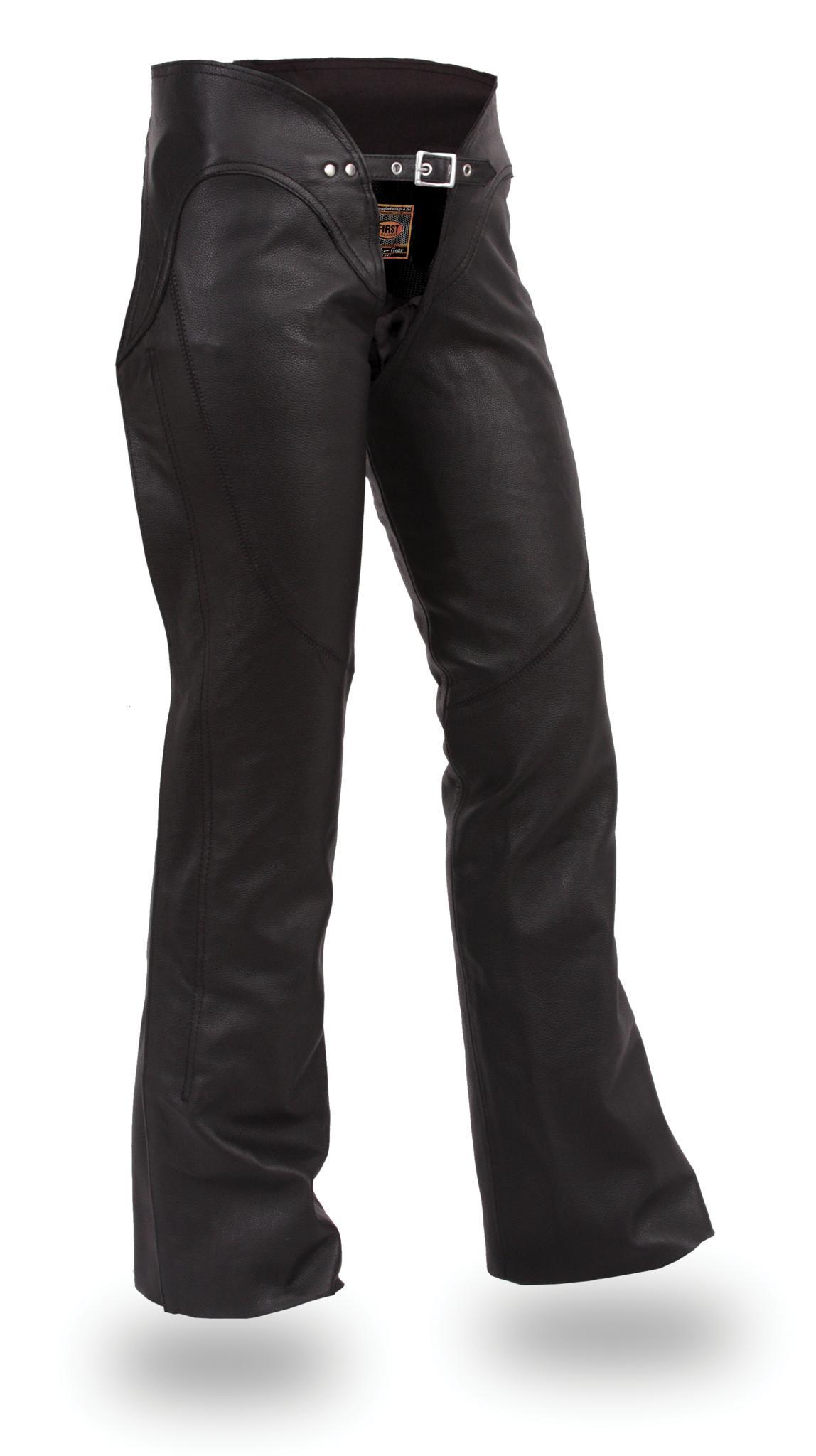 Sissy Women's Leather Chaps made from soft milled cowhide, featuring adjustable thigh lacing and a stylish low-rise fit.