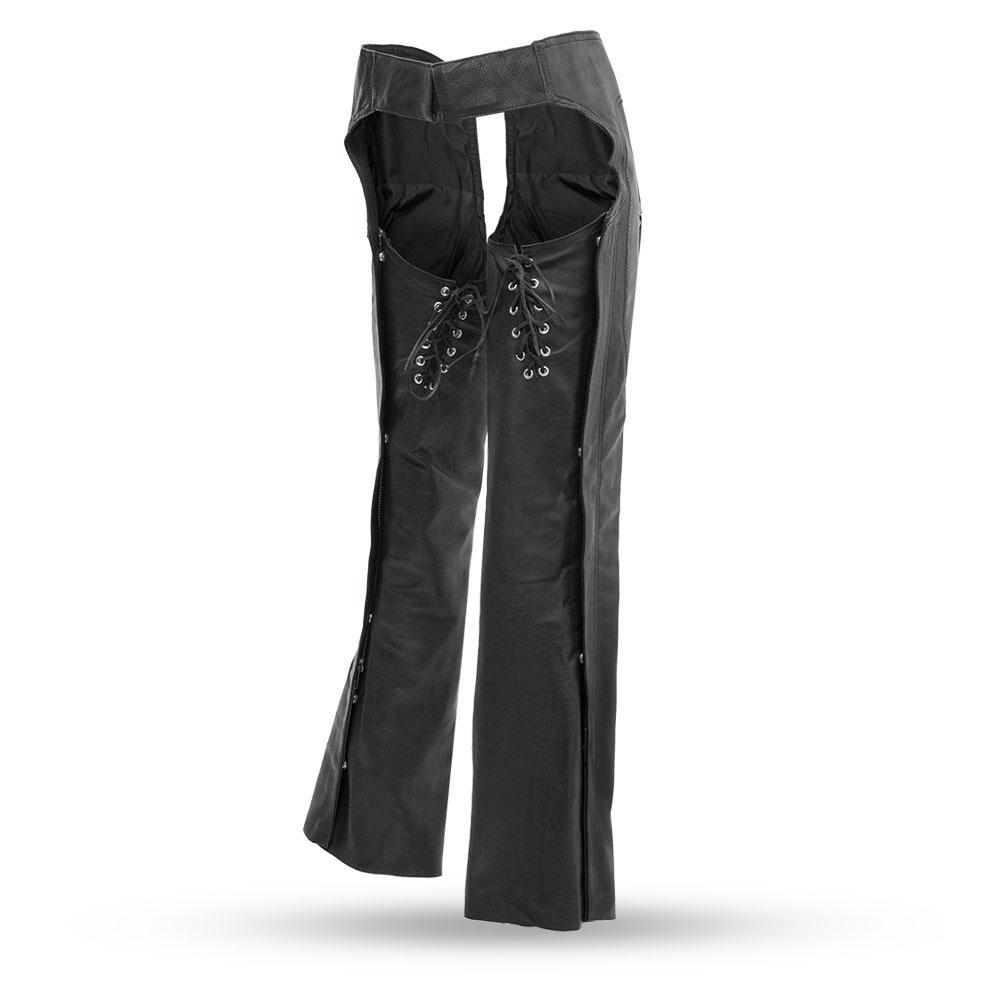 Sissy Women's Motorcycle Leather Chaps showcasing premium cowhide leather, stylish rivet decorations, and adjustable features for a perfect fit.