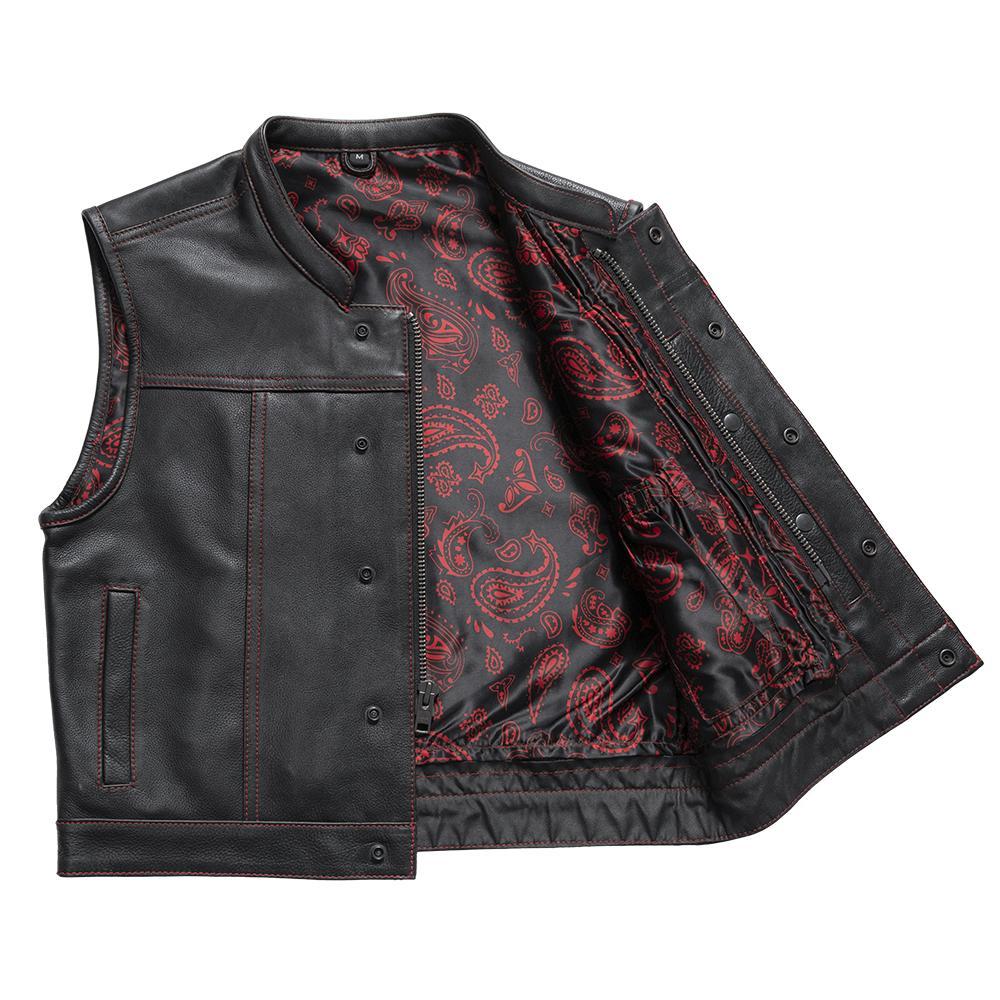 Slasher Men's Club Style Leather Vest featuring black leather with red paisley inner lining and concealed carry pockets.