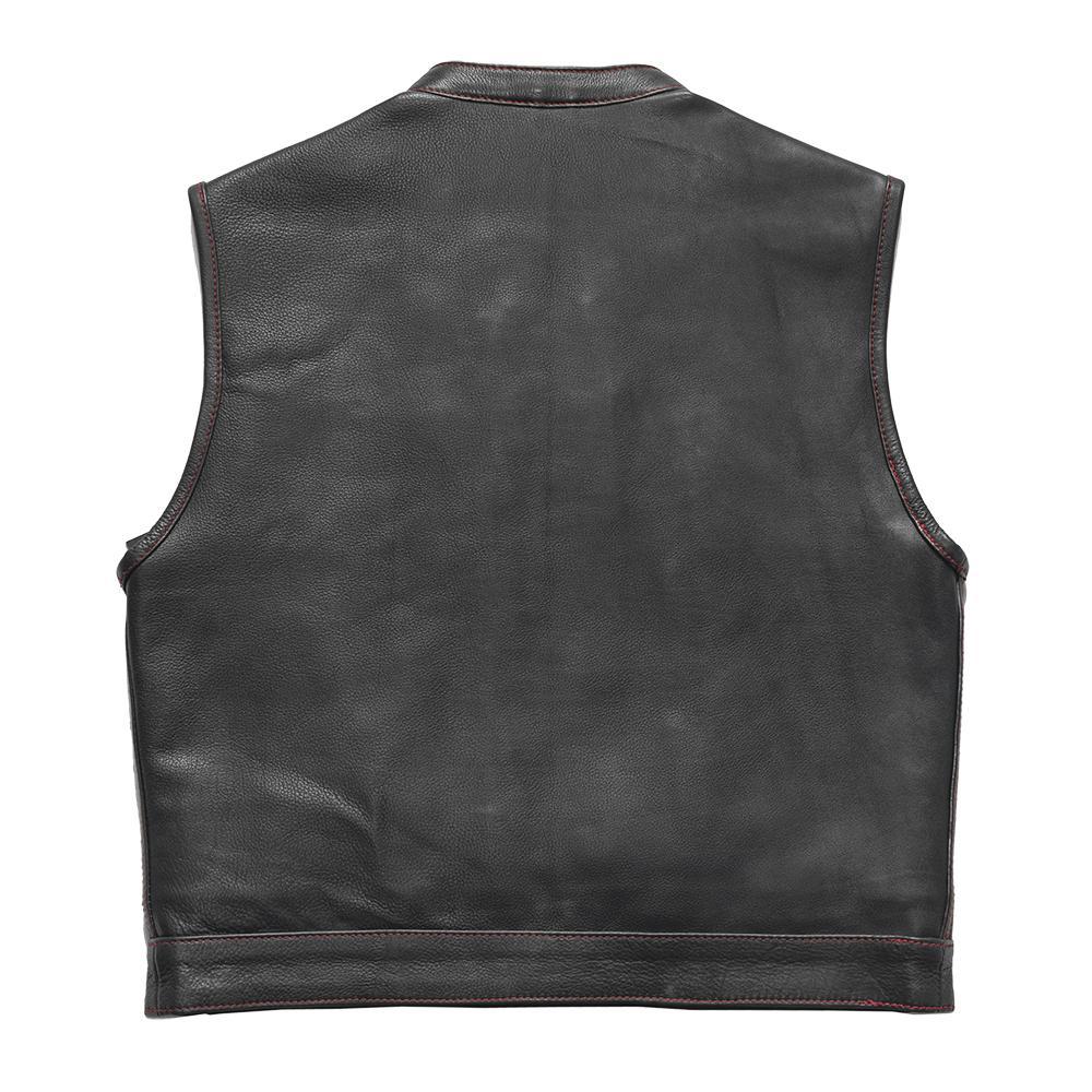 Slasher Men's Club Style Leather Vest featuring black leather with red paisley inner lining and concealed carry pockets.