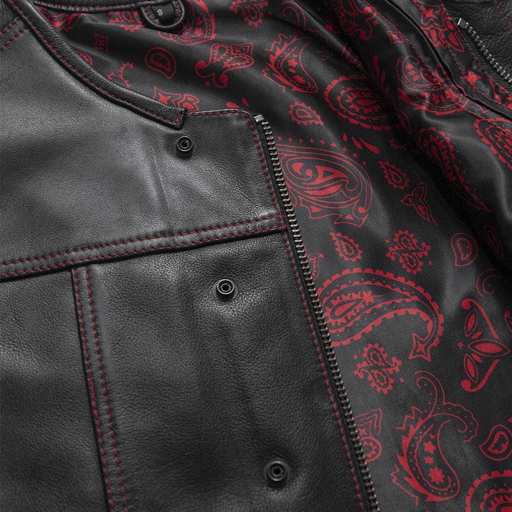 Slasher Men's Club Style Leather Vest featuring black leather with red paisley inner lining and concealed carry pockets.