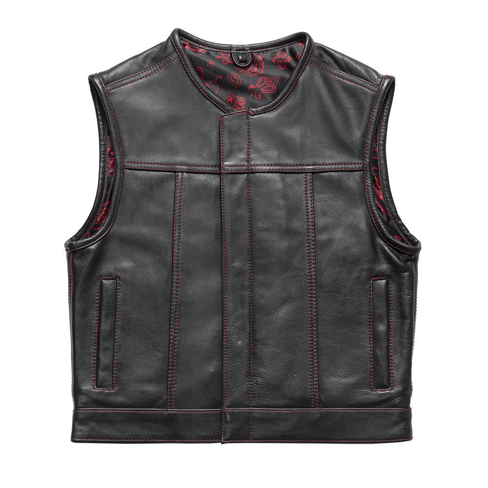 Slasher Men's Club Style Leather Vest featuring black leather with red paisley inner lining and concealed carry pockets.