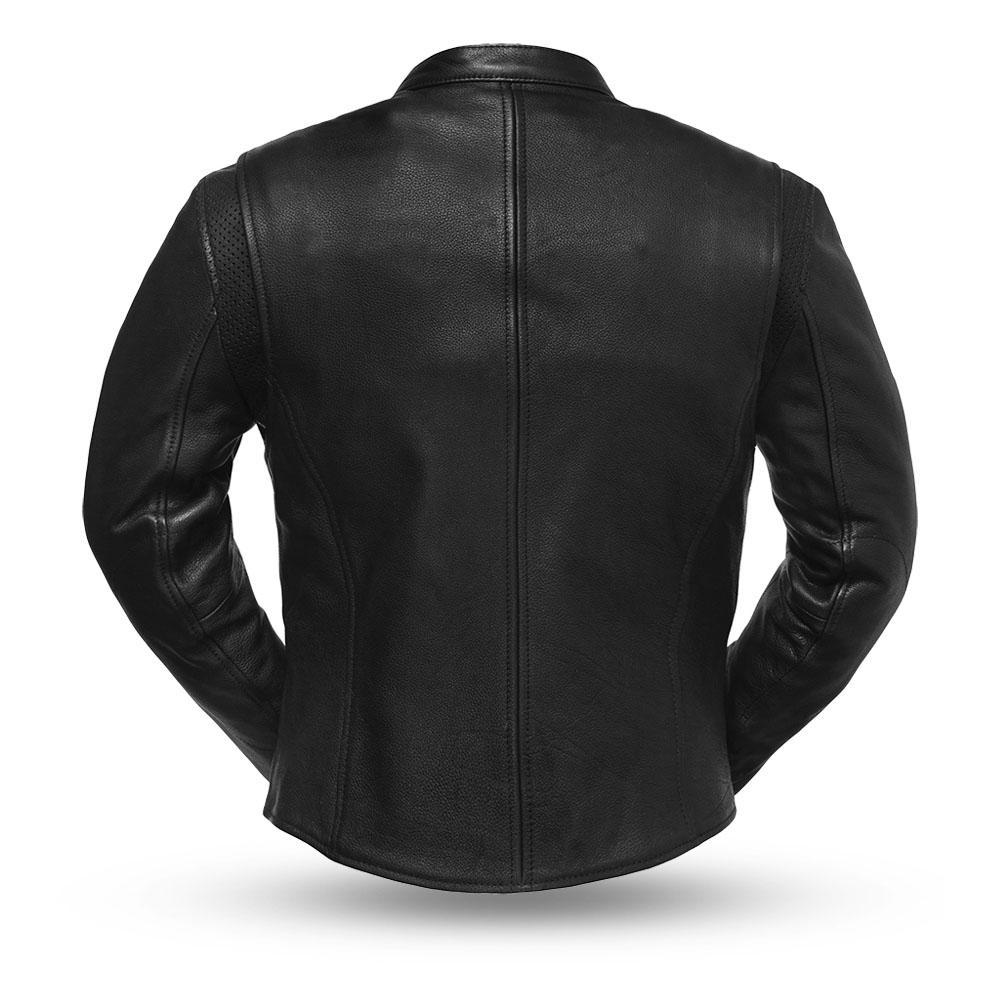 Speed Queen Women's Leather Motorcycle Jacket featuring a banded collar, multiple pockets, and a sleek design made from cowhide leather.