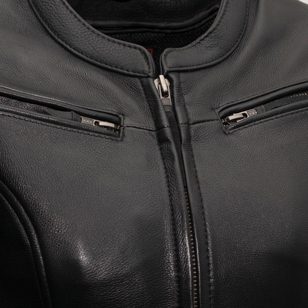 Speed Queen Women's Leather Motorcycle Jacket featuring a banded collar, multiple pockets, and a sleek design made from cowhide leather.