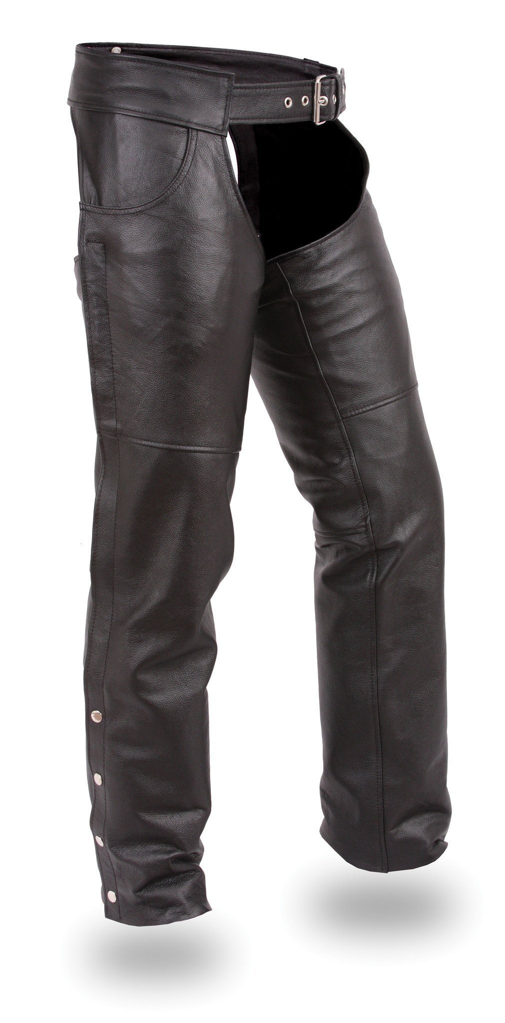 Stampede Unisex Leather Chaps made from premium cowhide, featuring jean-style pockets and adjustable laces.