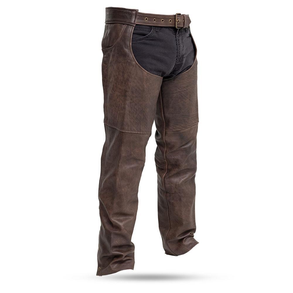 Stampede Unisex Leather Chaps made from premium cowhide, featuring jean-style pockets and adjustable laces.