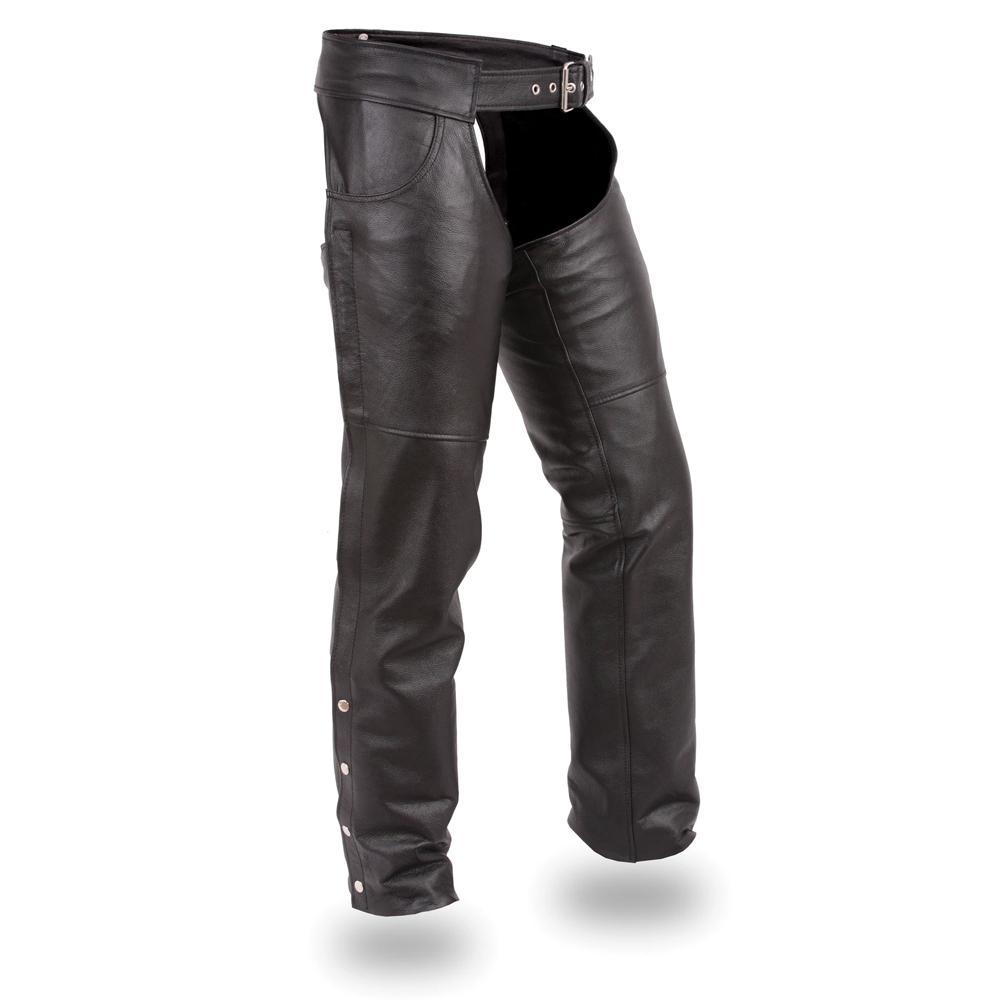 A pair of Stampede unisex motorcycle leather chaps made from premium cowhide leather, featuring jean-style pockets and adjustable laces.