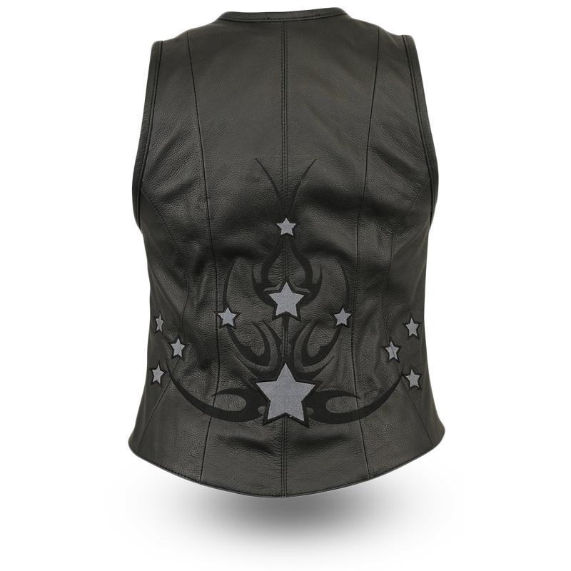 Stardom Women's Leather Motorcycle Vest featuring a reflective star design and durable zipper.