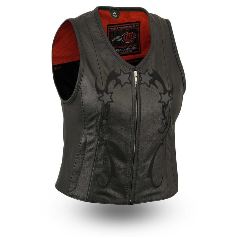 Stardom Women's Leather Motorcycle Vest featuring a reflective star design and durable zipper.