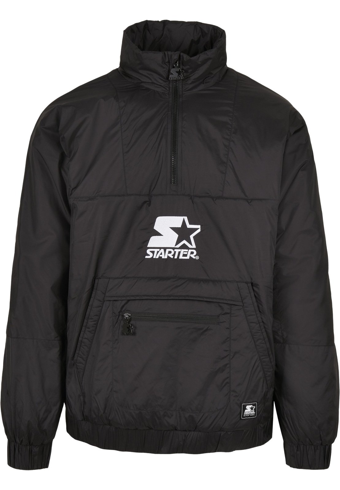 Men's Starter Logo Windbreaker featuring a stand-up collar, kangaroo pocket, and embroidered logos, designed for comfort and style.