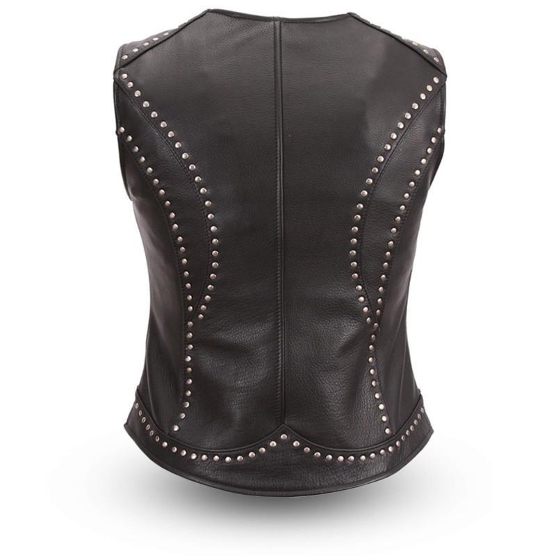 Taylor Women's Motorcycle Leather Vest featuring rivet detailing and zip front closure, made from soft naked cowhide.