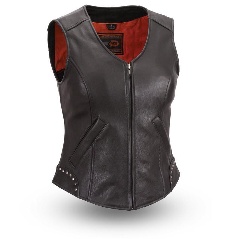 Taylor Women's Motorcycle Leather Vest featuring rivet detailing and zip front closure, made from soft naked cowhide.