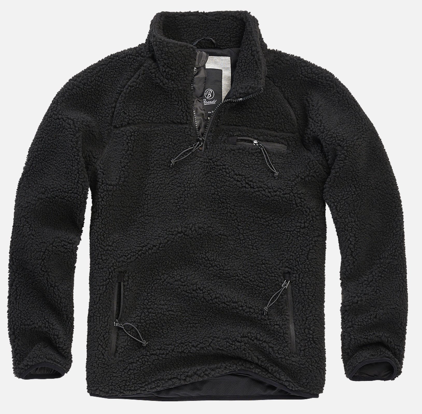 Teddyfleece Troyer in deep-pile fleece with high stand-up collar, featuring multiple zippered pockets and elastic cuffs for a snug fit.