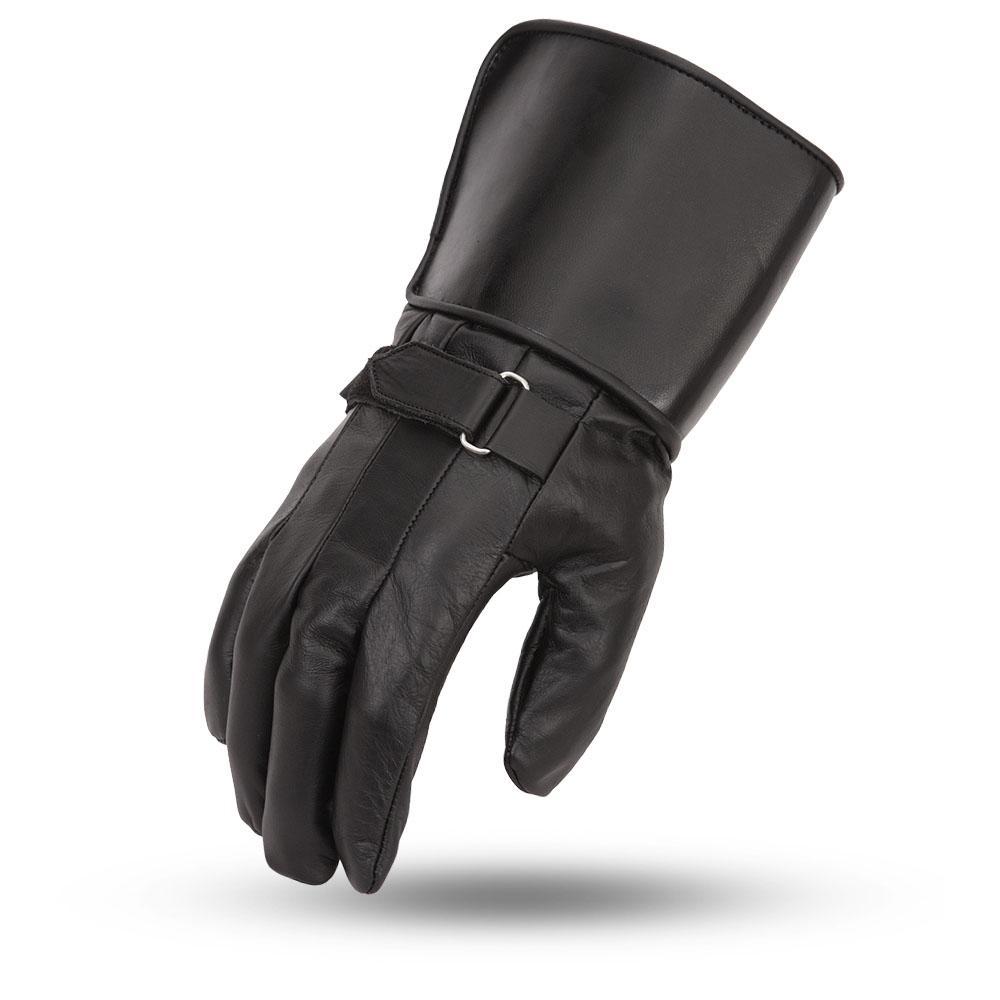 Thanos Men's Motorcycle Leather Gloves made from premium cowhide, featuring a gauntlet style and adjustable wrist strap for a secure fit.