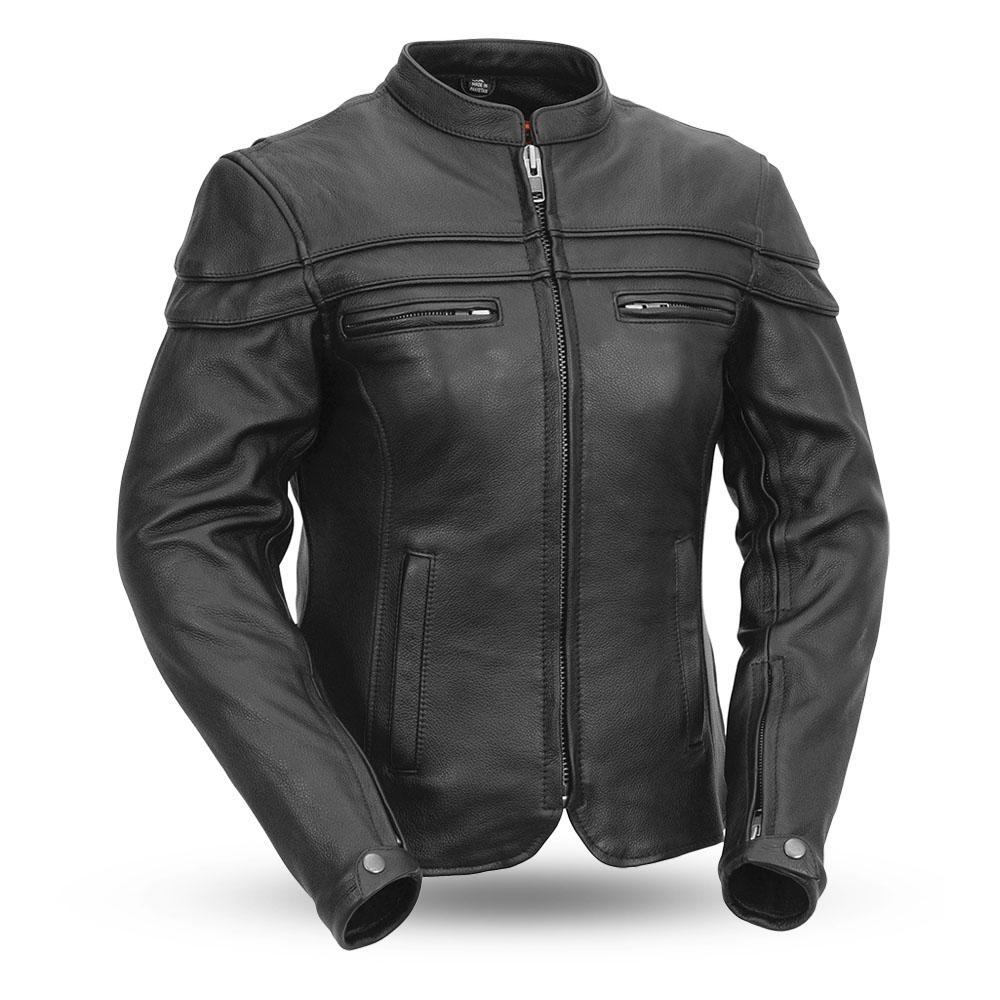 The Maiden Women's Motorcycle Leather Jacket made from soft naked cowhide leather, featuring a modern fit, mandarin collar, and multiple ventilation pockets.