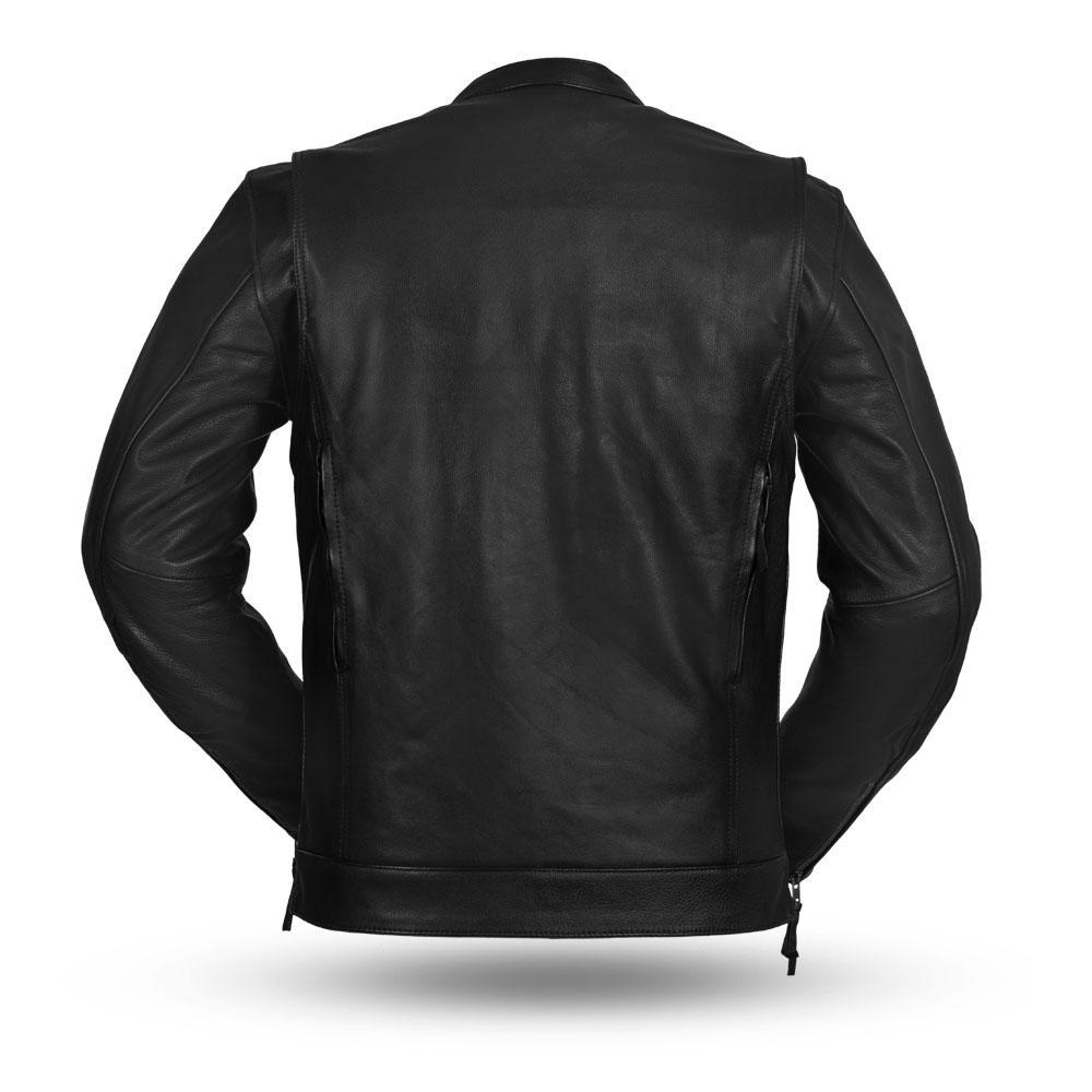 The Raider Men's Motorcycle Leather Jacket in black, showcasing premium cowhide leather and multiple pockets.