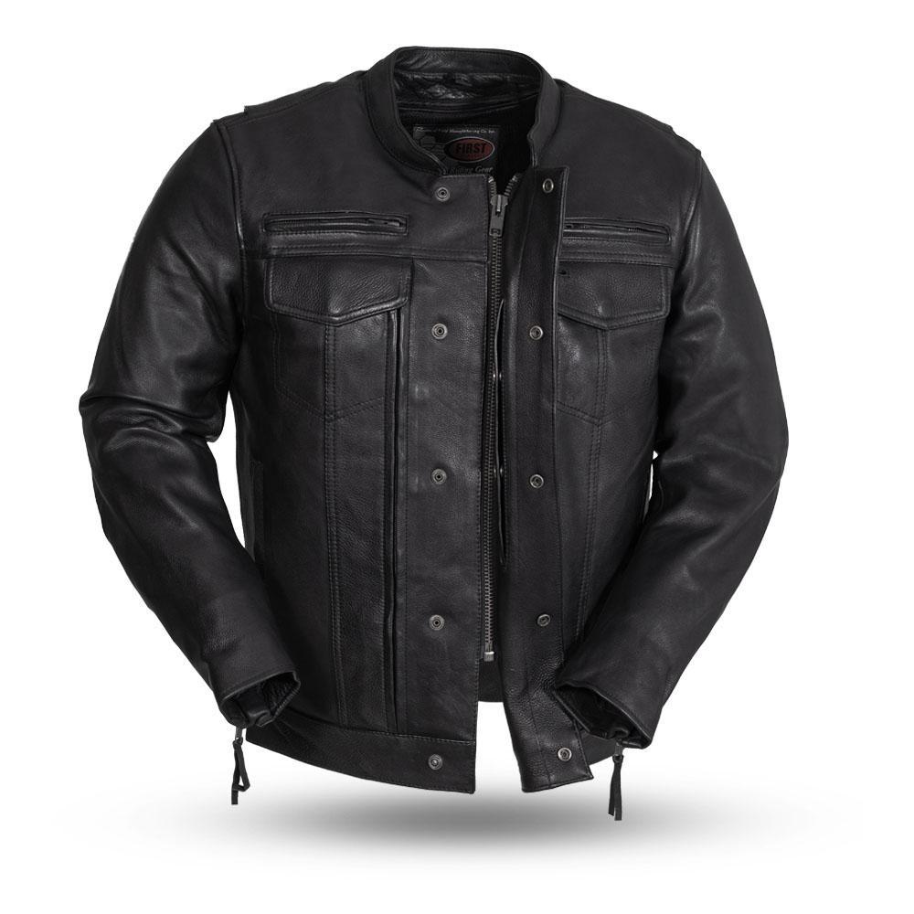 The Raider Men's Motorcycle Leather Jacket in black, showcasing premium cowhide leather and multiple pockets.