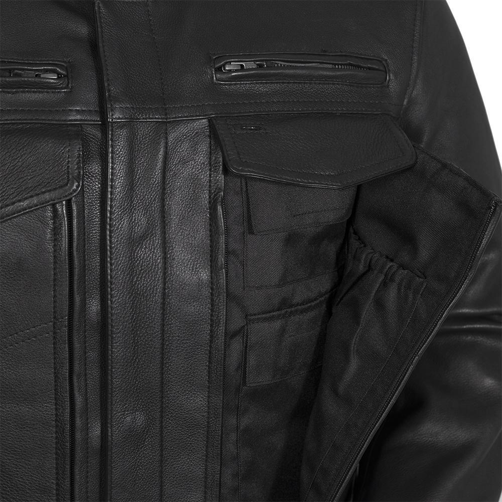 The Raider Men's Motorcycle Leather Jacket in black, showcasing premium cowhide leather and multiple pockets.