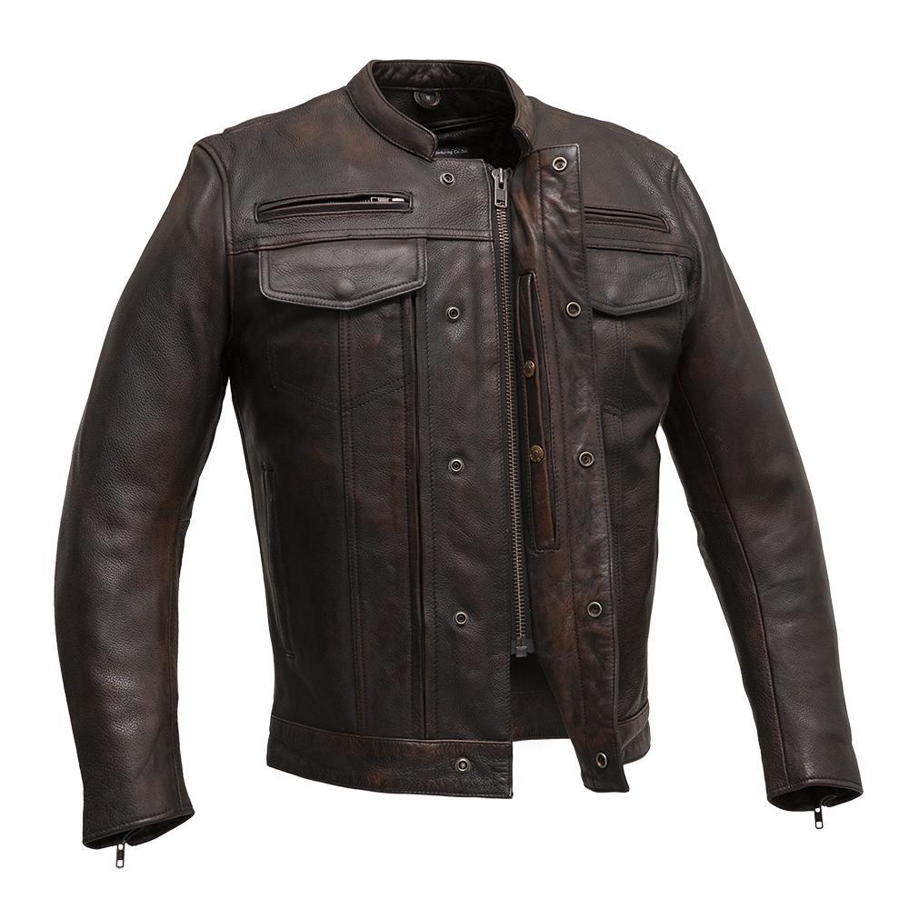 The Raider Men's Motorcycle Leather Jacket in copper color, showcasing its stylish design and multiple pockets.