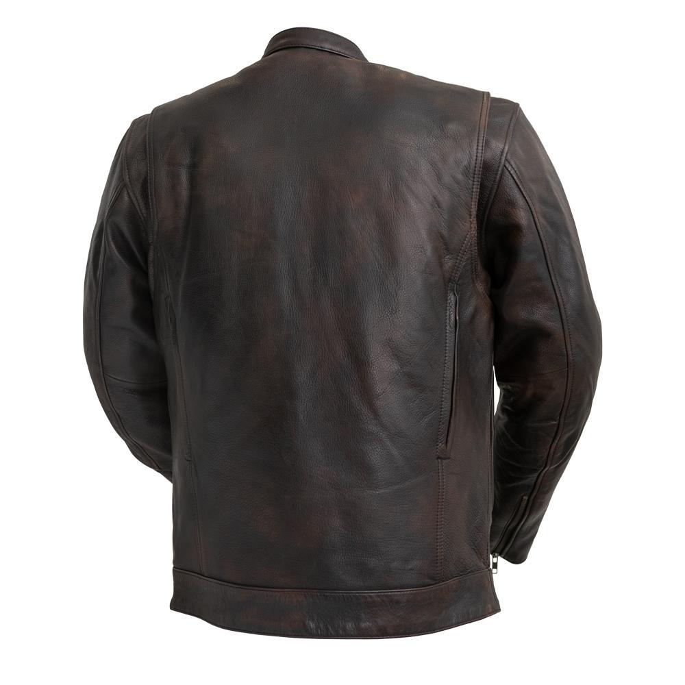 The Raider Men's Motorcycle Leather Jacket in copper color, showcasing its stylish design and multiple pockets.