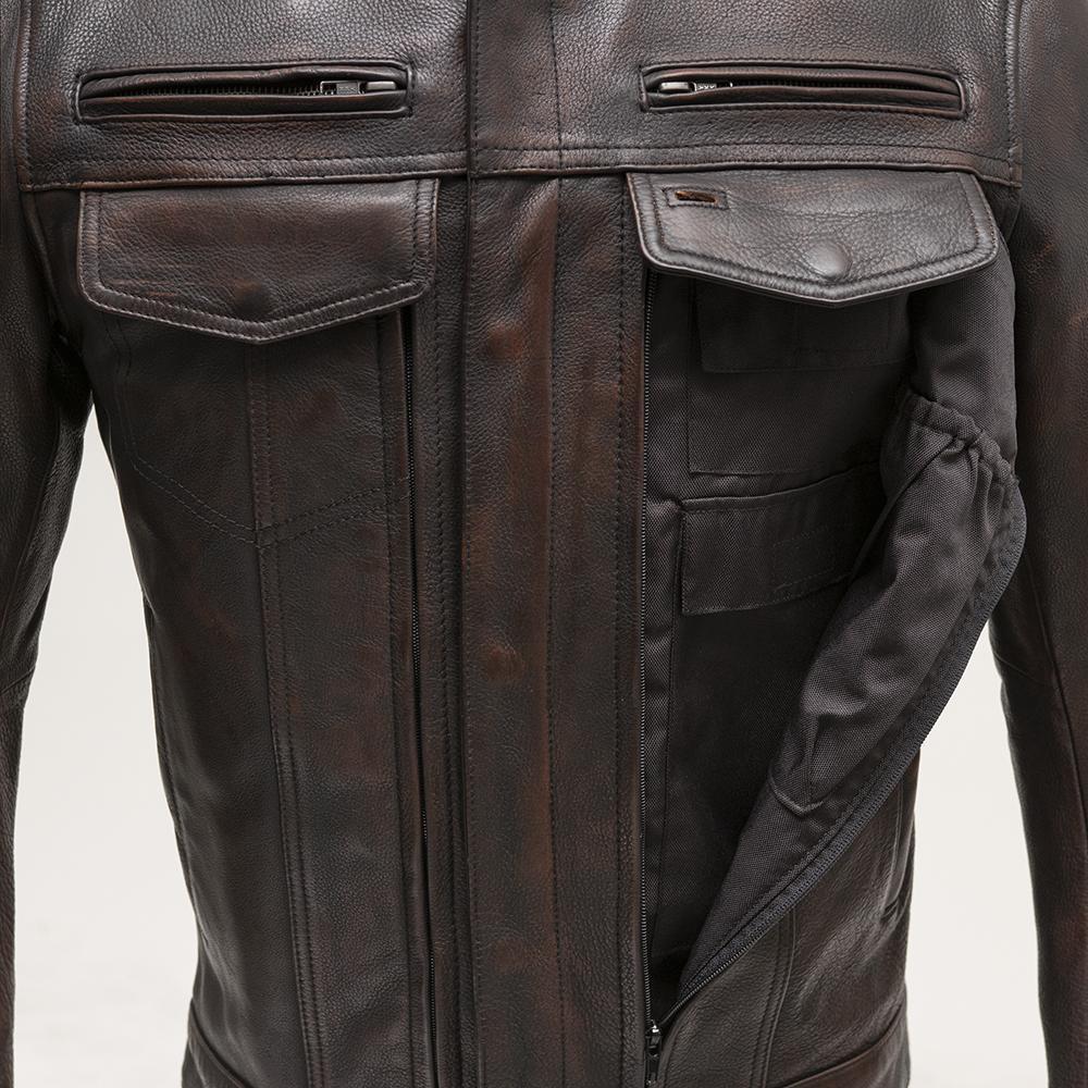 The Raider Men's Motorcycle Leather Jacket in copper color, showcasing its stylish design and multiple pockets.