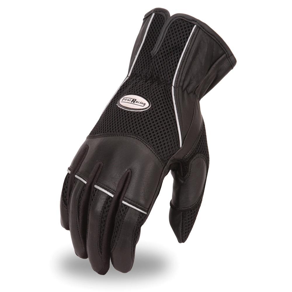 Thunder Men's Motorcycle Leather Gloves featuring leather-mesh design, reflective piping, and gel palm for enhanced grip.