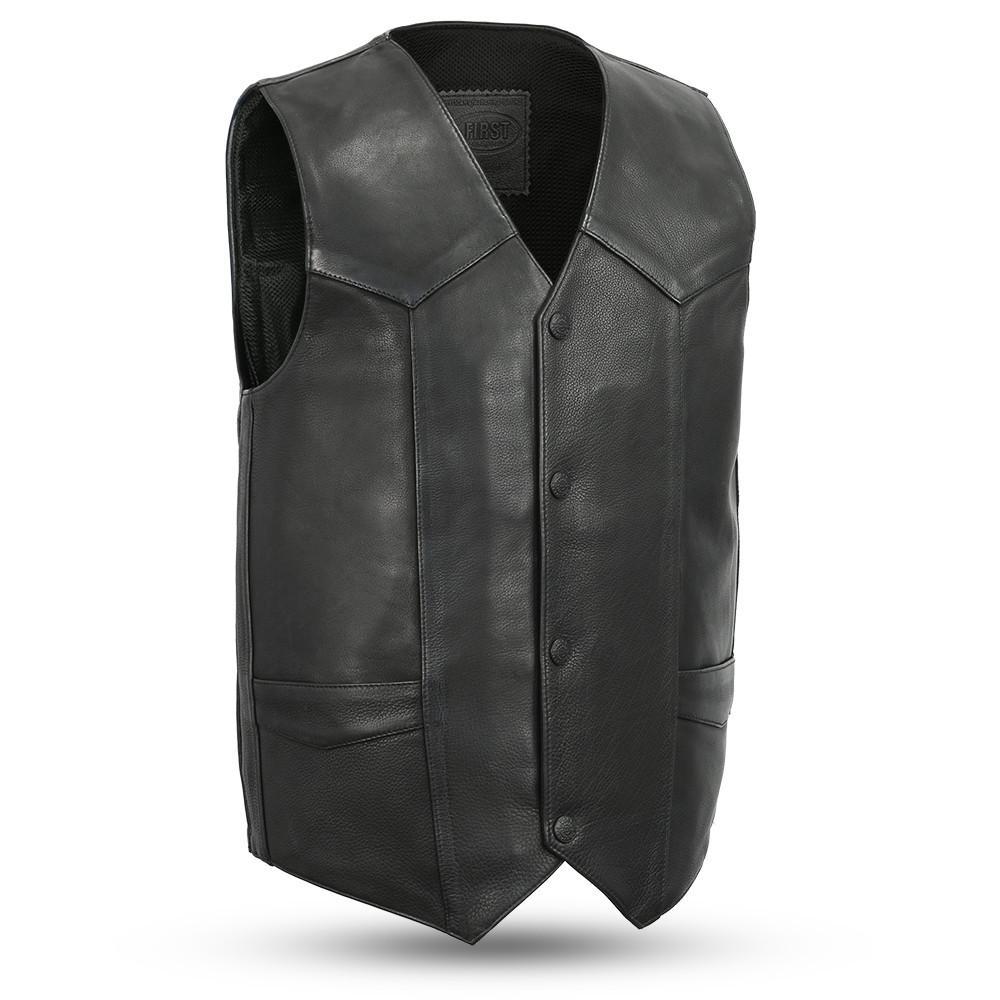 Tombstone Men's Leather Western Vest made from premium cowhide with snap front and concealed carry pockets.