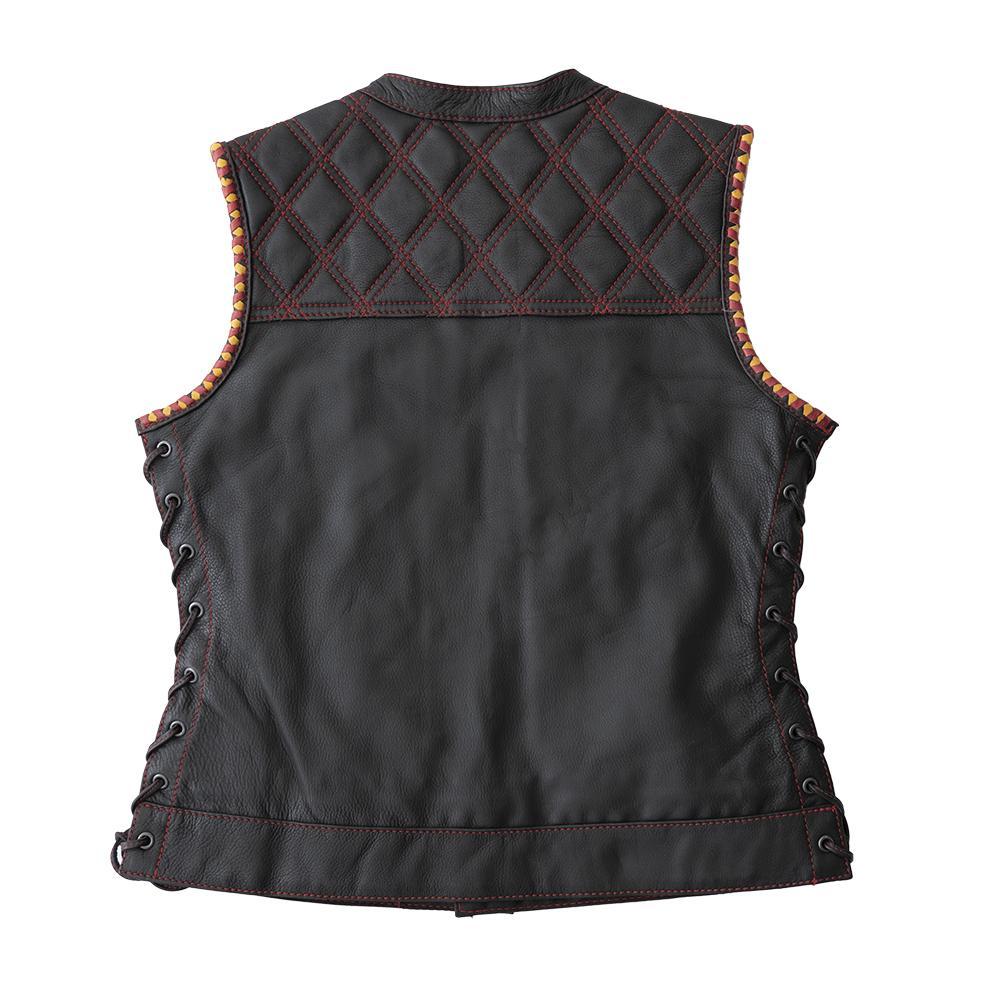 Torch Women's Club Style Motorcycle Leather Vest in black leather with red stitching and paisley lining, featuring concealed carry pockets.