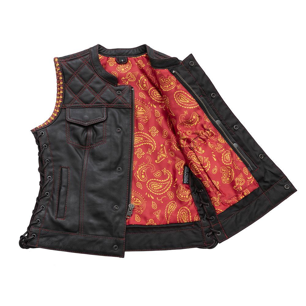 Torch Women's Club Style Motorcycle Leather Vest in black leather with red stitching and paisley lining, featuring concealed carry pockets.